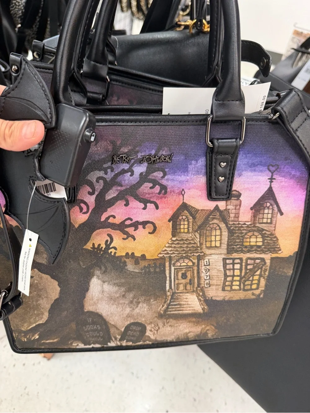 Betsey Johnson Black Canvas Haunted House Satchel with Purple-Pink Sky new